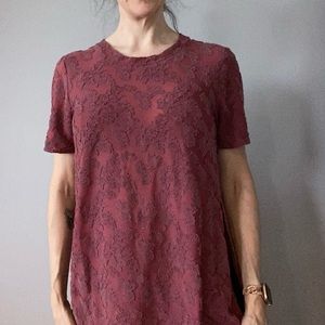 Wilfred | Aritzia | long t-shirt semi-sheer with appliqué flowers | dark pink